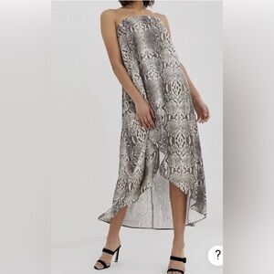 ASOS Snakeskin Strapless Asymmetrical Hem Midi Dress